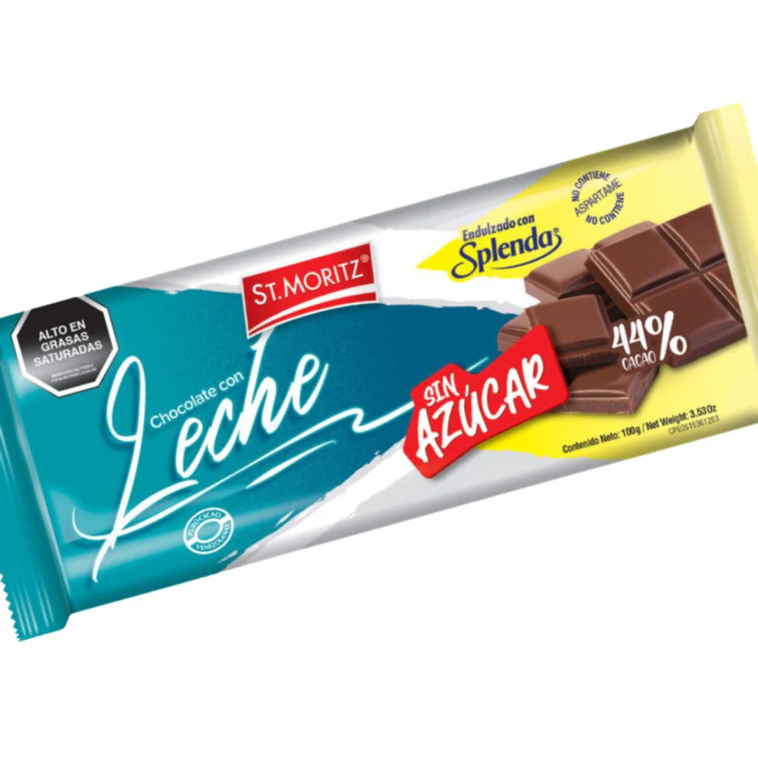 CHOCOLATE ST MORITZ 44% C/LECHE S/AZUCAR SPLENDA 100GR